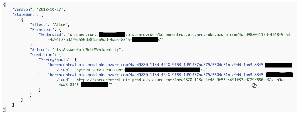 AWS IAM에서 AKS OIDC Provider URL과 Audience를 입력하는 설정 페이지