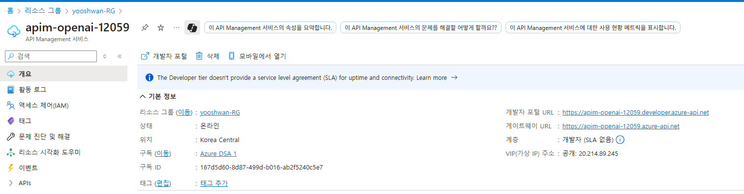 Azure Portal에서 API Management 서비스 생성 화면