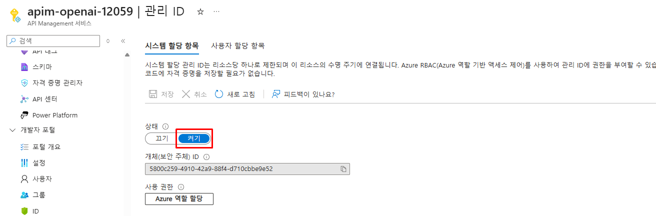 API Management 관리 ID 활성화 상태 확인 화면