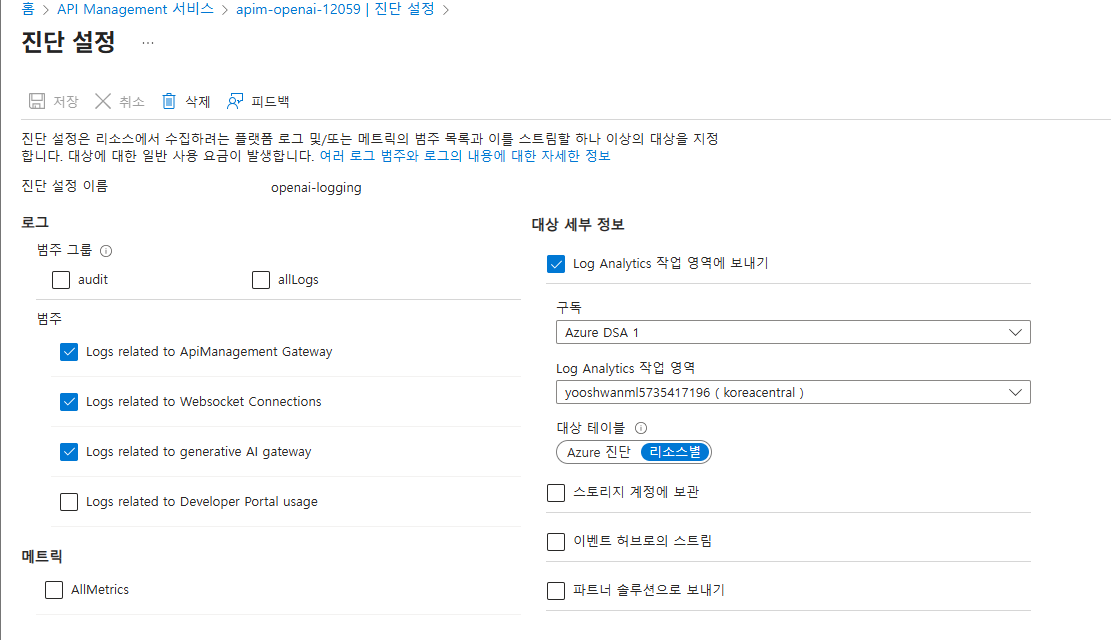API Management 진단 설정 구성 화면